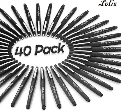Lelix Felt Tip Pens, 40 Black Pack, 0.7mm Medium Point, Felt Tip Markers Pens for Journaling, Writing, Note Taking, Planner, Perfect for School Office and Art Supplies