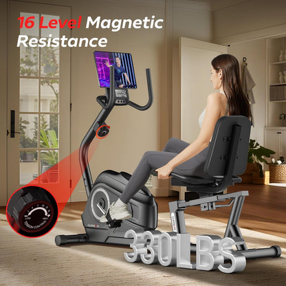 CURSOR FITNESS Recumbent Exercise Bike, Stationary Bikes for Home with Adjustable Seat, 16-Level Magnetic Resistance Recumbent Exercise Bike for Home Gym Cardio Workout Training