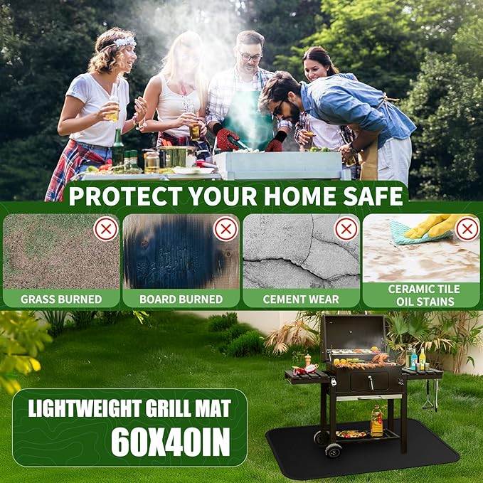 Large 60 x 40 inches Under Grill Mats for Outdoor Grill with BBQ Gloves, Double-Sided Fireproof Grill Pad Mat, Indoor Fireplace/Fire Pit Mat, Waterproof Oil-Proof Protector for Decks and Patios