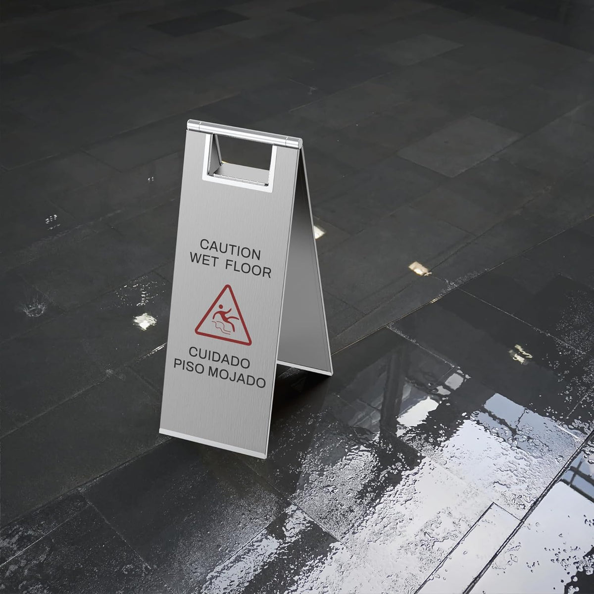 Stainless Steel Wet Floor Sign 2 Pack, 24 Inch Double-Sided Foldable Caution Sign with Handle, 8.8 lb Bilingual Warning for Restaurant, Office, Commercial Cleaning Use, Silver