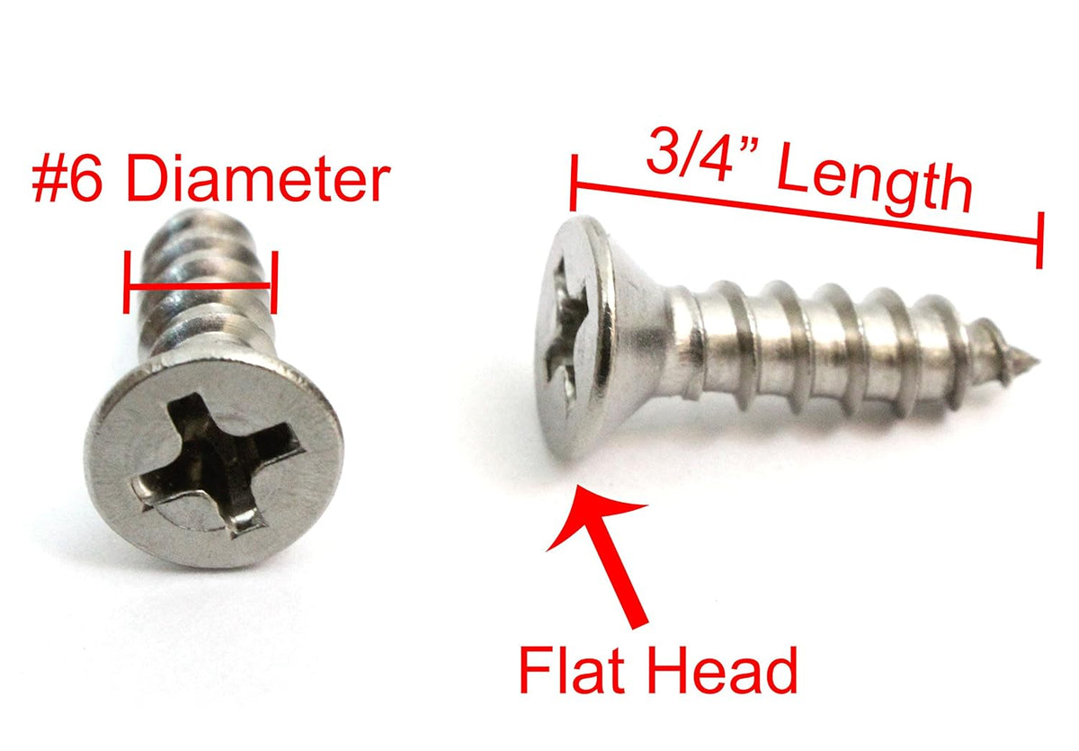 Bolt Dropper No. 6 x 3/4" Stainless Steel Flat Head Phillips Wood Screw, (100 pc), 18-8 (304) Stainless Steel Sheet Metal Screws- Type A Point, Plain Finish