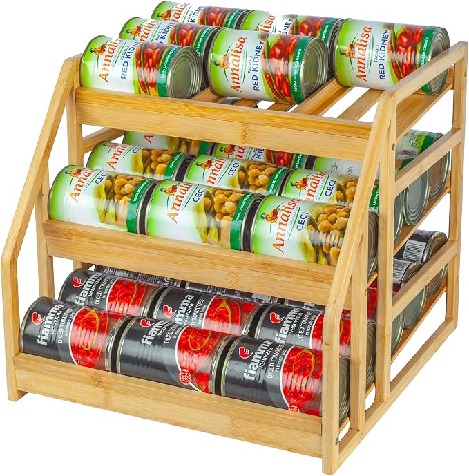 MinBoo Bamboo Can Rack Organizer, Kitchen Pantry Storage, 36 Can Capacity, Tilt Design