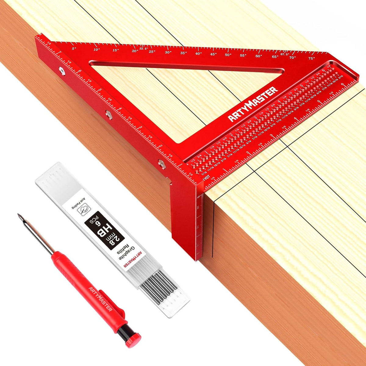 8 inch 3D Multi-Angle Measuring Square Ruler, WT103B High Precision Hole Scribing Woodworking Tools, 0-90° Aluminum Alloy Carpenter Square Wood Working Tools, Carpenter Pencils 6 Refills.