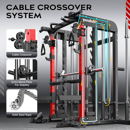 Pooboo Multi-Functional Machine Power Cage, 2000LB Squat Rack, LAT-Pull Down System, Dual Pulley Cable Crossover System, Home Gym Workout Machine with Strength Training Attachments