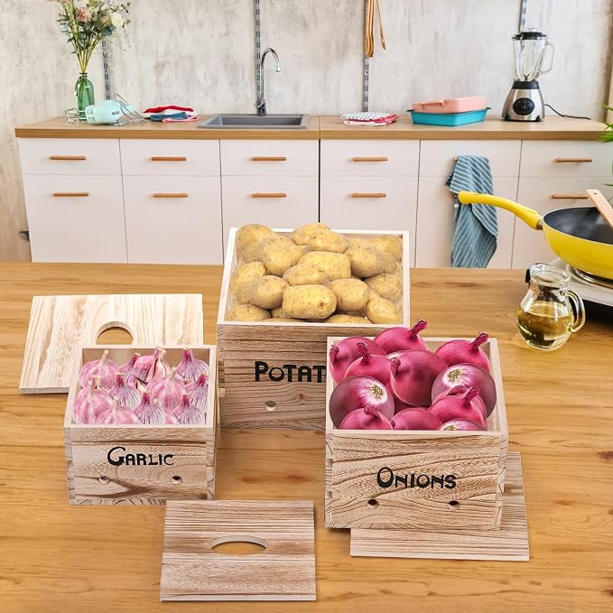 Frcctre 3 Pack Vegetable Storage Bins, Farmhouse Potato Onion Garlic Kitchen Storage Canisters Set, Wooden Stackable Vegetable Keeper with Lid and Aerating Holes for for Pantry Organization