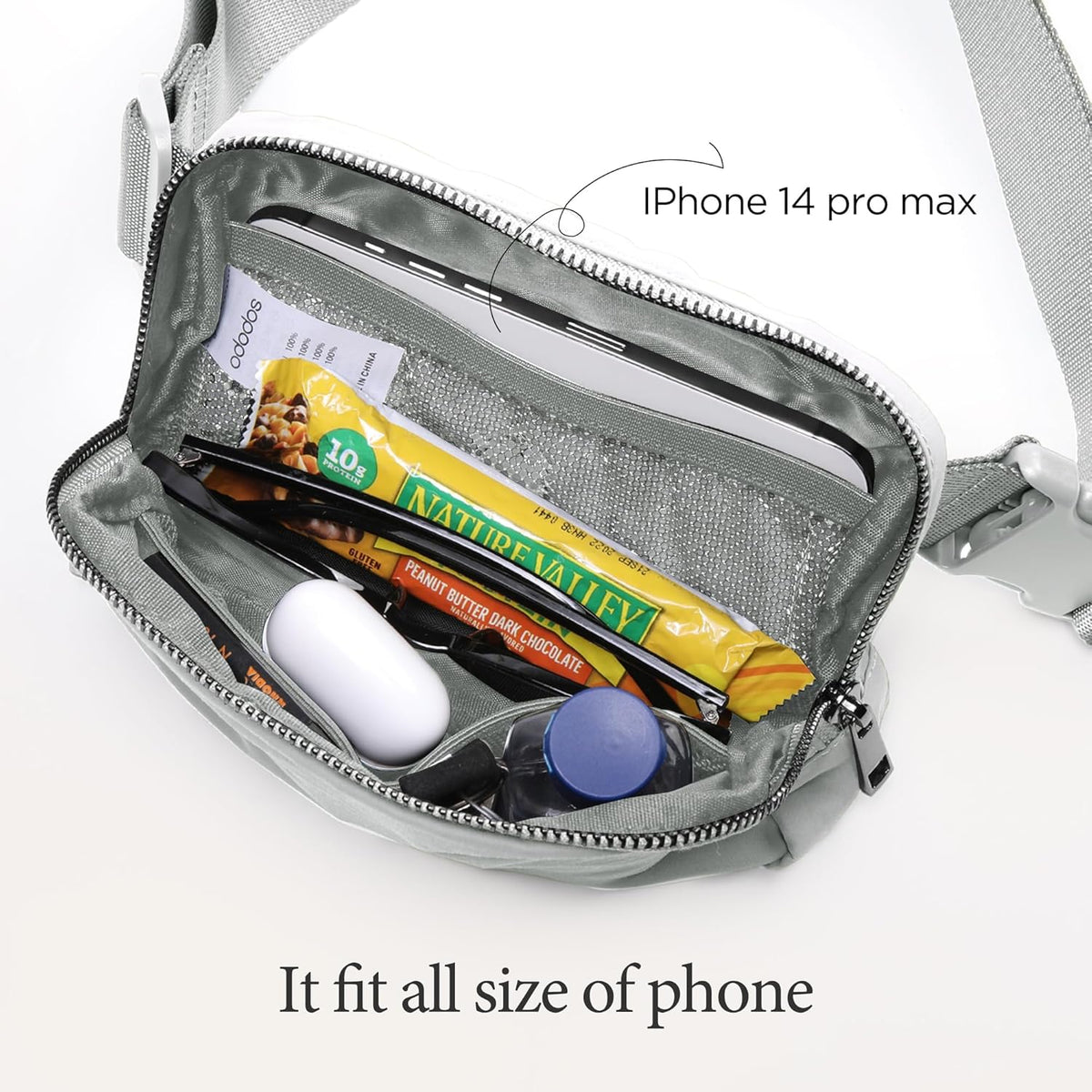 ODODOS Unisex Mini Belt Bag with Adjustable Strap Small Fanny Pack for Workout Running Traveling Hiking, Light Grey