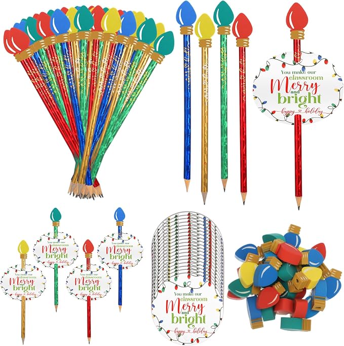 Geyoga Christmas Pencils Erasers Gifts Set with Bulb Eraser Topper, 100 Set