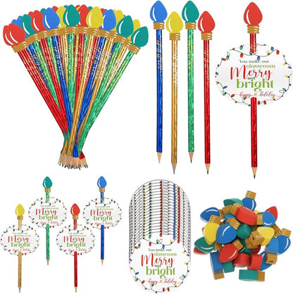 Geyoga Christmas Pencils Erasers Gifts Set with Bulb Eraser Topper, 100 Set