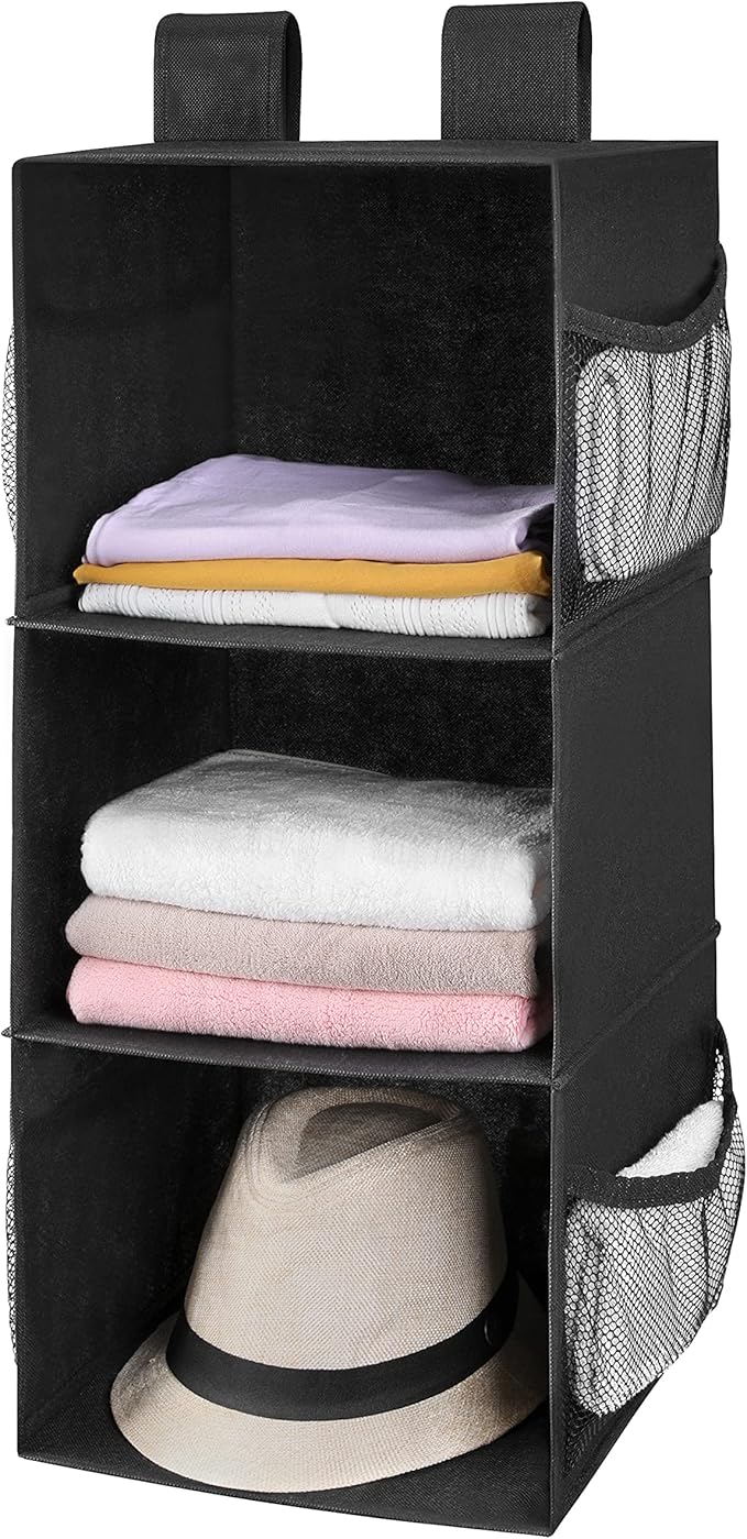 MAX Houser 3-Shelf Hanging Closet Organizers, Collapsible Closet Hanging Shelves for Camper, Nursery Hanging Organizers, Black, 2-Pack