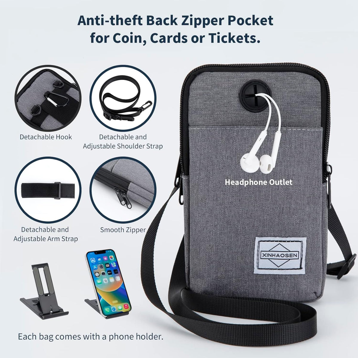 Cell Phone Purse Waist Pack Bag Travel Crossbody Bag Wristband Sport Armband Wallet with Removable Shoulder Strap (Light Grey)
