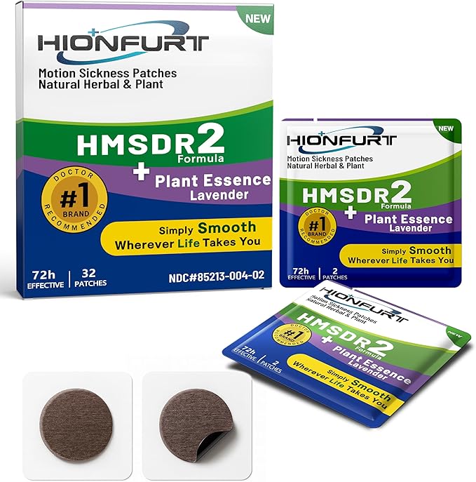 HMSDR2 32ct Motion Sickness Patches with Plant Essence – Lavender – Sea Sickness Patches for Cruise, Car, Airplane – Non-Drowsy, 72H Lasting