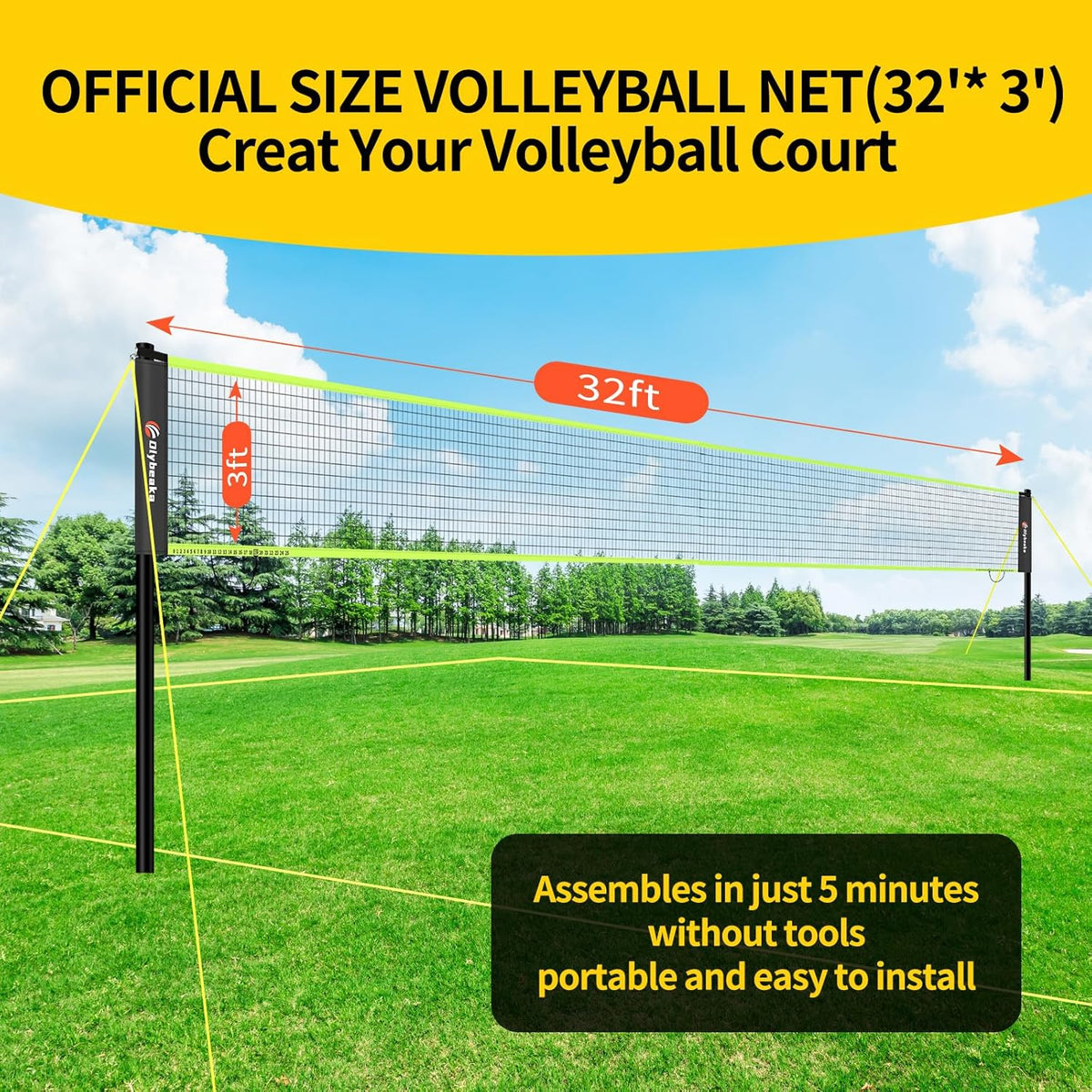 Portable Outdoor Volleyball Net Set for Backyard Beach with Adjustable Poles, Soft PU Volleyball & Pump, Carry Bag and Durable Anti-Sagging Net