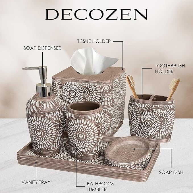 6-Piece Bathroom Accessories Set – Soap Dispenser, Toothbrush Holder, Tumbler, Soap Dish, Cotton Swab Jar & Toilet Brush – Modern Bathroom Decor Set (Ciccone)