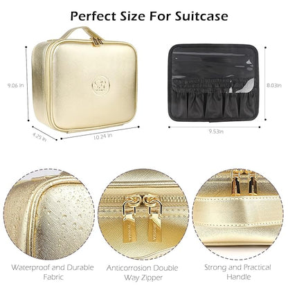 MOMIRA Makeup Bag with Mirror and Light Travel Makeup Train Case Cosmetic Bag Organizer Portable Artist Storage Bag with Adjustable Dividers Makeup Brushes Storage Organizer Golden