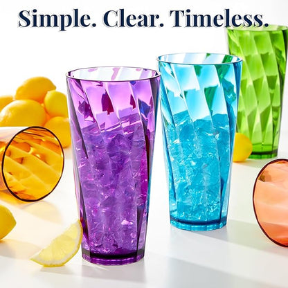 US Acrylic Optix Plastic Reusable Drinking Glasses (Set of 8) 26oz Iced-Tea Cups in Jewel Tone Colors | BPA-Free Tumblers, Made in USA | Top-Rack Dishwasher Safe