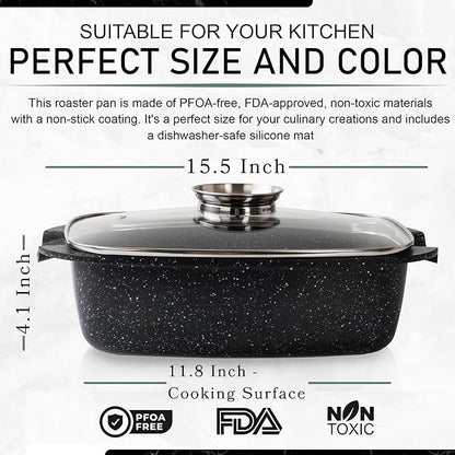 Moss & Stone Die Cast Aluminum Oval Roaster Pot 12-Inch, Induction Compatible, Hard Anodized Nonstick Pasta Pot with Glass Lid, Roaster Oven Safe 6 Quart Bundle With 12 Inch Aluminum Pan Non-Stick Coo