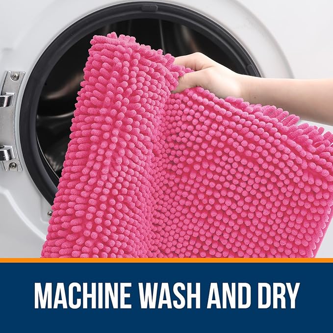 OLANLY Small Bathroom Rugs 24x16, Extra Soft Absorbent Chenille Bath Rugs, Rubber Backing Quick Dry, Machine Washable Bath Mats for Bathroom Floor, Tub and Shower, Home Decor Accessories, Hot Pink