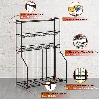 4 Bike Stand, Bike Rack Garage with 3-Tier Storage Rack, Bicycle Stand for Garage Organizer, Indoor Sporting Gear Storage Station for Mountain/Road/Hybrid & Fat Tire Bike, Patent Pending