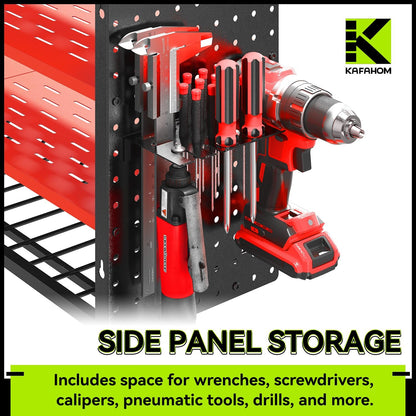 KAFAHOM Power Tool Organizer with Charging Station,9 Drill Holder Wall Mount,4 Layer Heavy Duty Metal Cordless Drill Storage for Garage Organization,Battery Tool Rack Built in 7 Outlet Power Strip Red