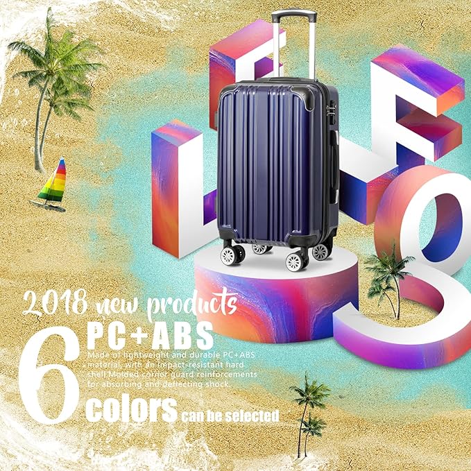Coolife Luggage Expandable(only 28") Suitcase PC+ABS Spinner 20in 24in 28in Carry on (navy new, L(28in))