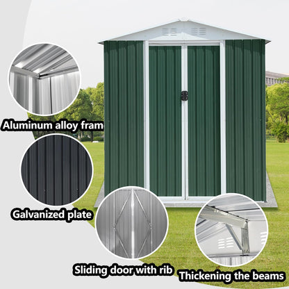 6x4 FT Outdoor Metal Storage Shed, Waterproof Outside Garden Sheds w/Lockable Sliding Doors and Vents, Weather Resistant Steel Tool Storage House for Backyard, Patio, Lawn, Green