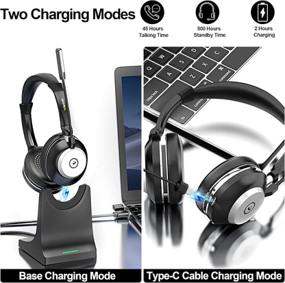 Wantek Wireless Headset with Mic for Work,Bluetooth Headset with AI Noise Cancelling,Mic Mute,Charging Base & USB Dongle for Laptop/Computer/Cell Phone, Remote Work & Call Center
