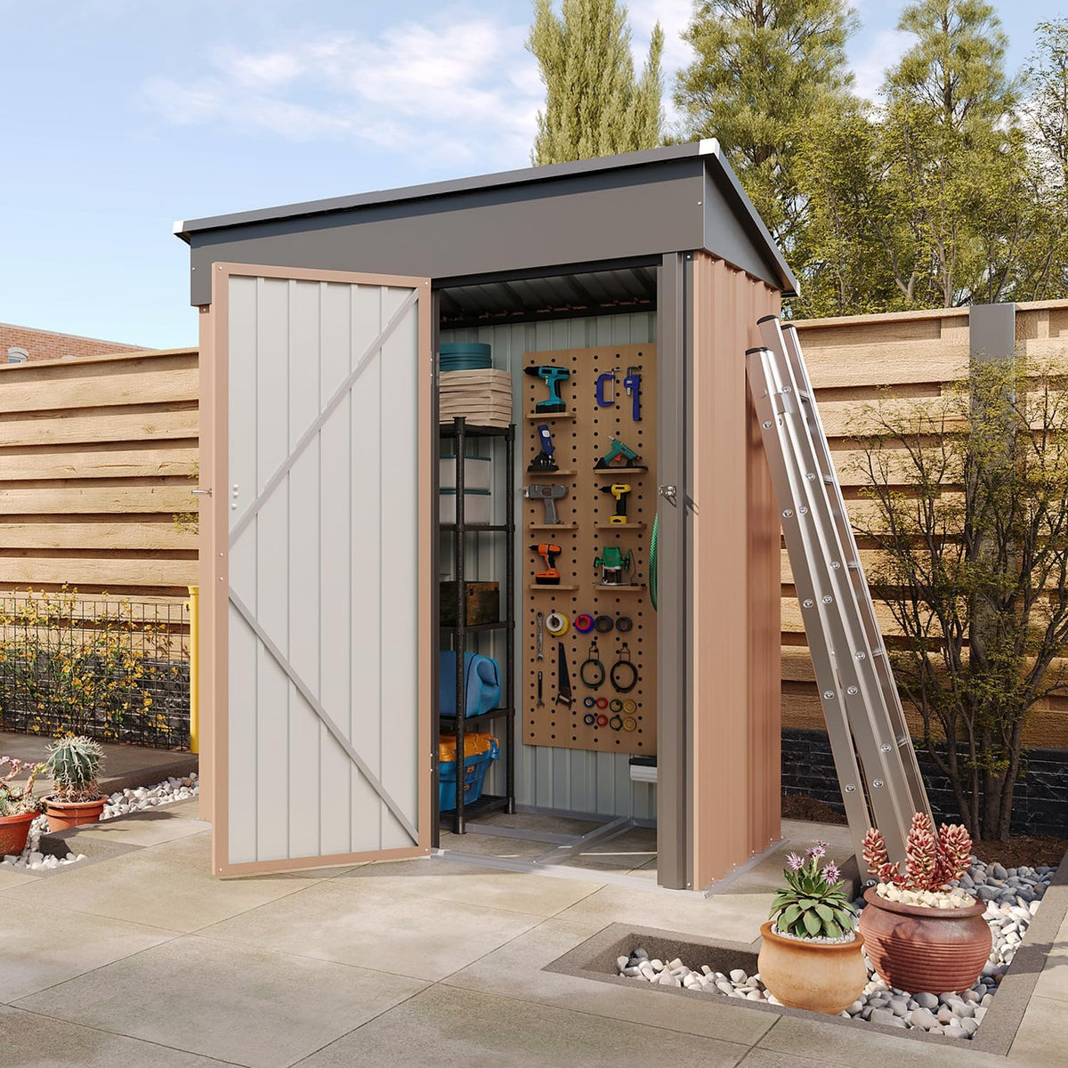 Aoxun 5'x3' Outdoor Storage Shed with Base Metal Garden Shed for Outside(Brown, 5' x 3'W/Base)