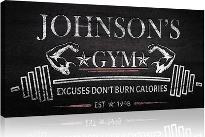 Tailored Canvases Personalized Gym Sign Wall Art Decor - Motivational Canvas for Home Gym, Workout Room, Garage, Fitness Center - Workout Inspirational Posters - Excuses Don't Burn Calories Dark, 20x10in