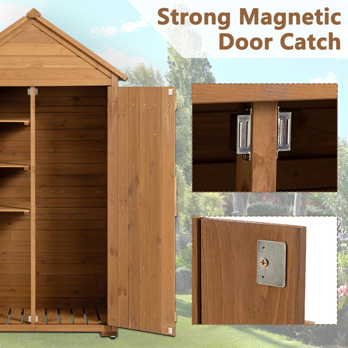 39.56"x 22.04"x 68.89" Outdoor Storage Cabinet with Removable Shelves, Waterproof Roof, and Adjustable Feet - Fir Wood Garden Tool Shed for Yard, Patio, Deck, and Garage,Yellow Brown