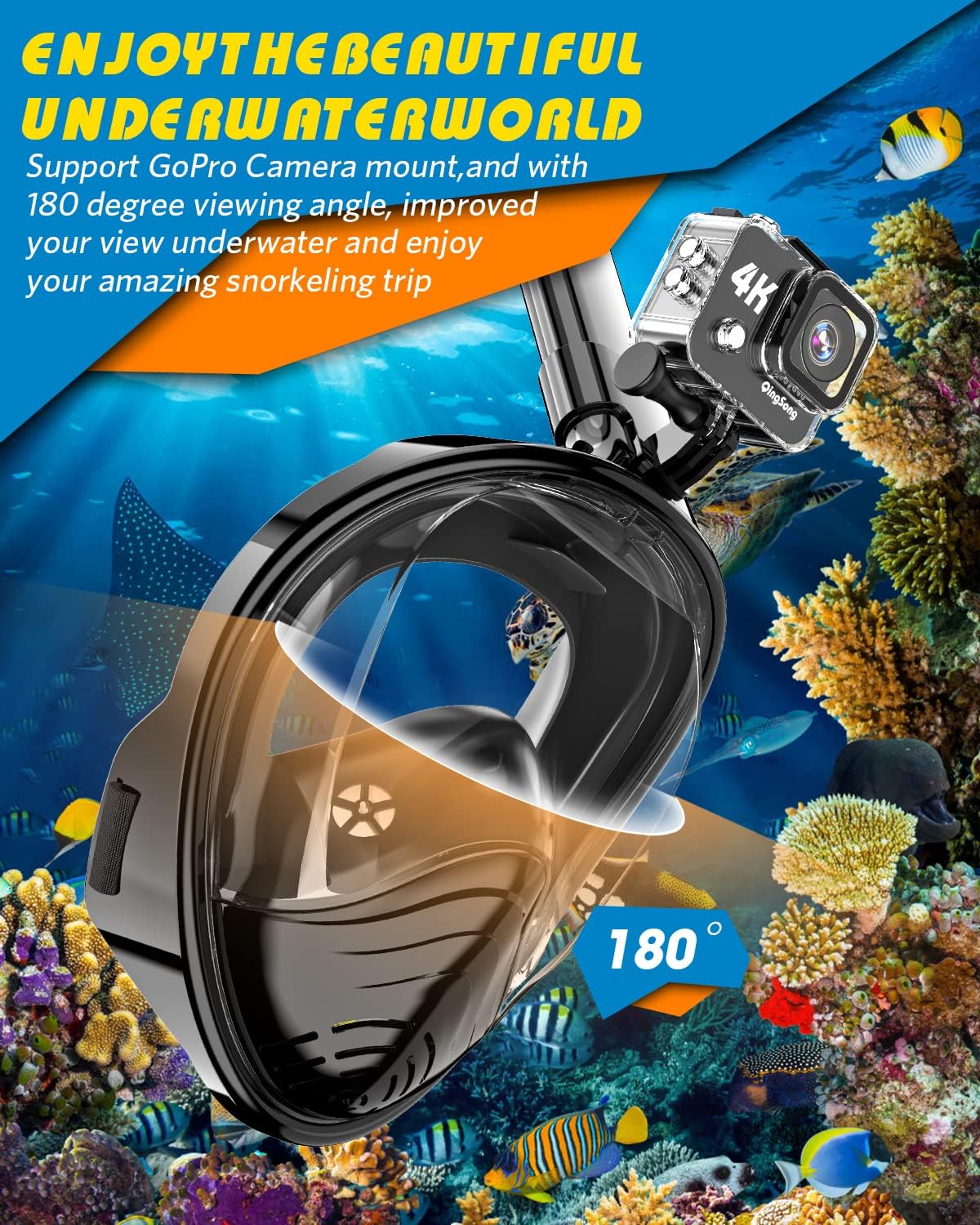 QingSong Full Face Snorkel Mask for Adults, Snorkeling Gear with Camera Mount, 180 Degree Panoramic View Snorkel Set Anti-Fog Anti-Leak