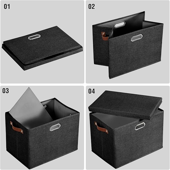17" Large Collapsible Storage Bins with Lids, Stackable Closet Organizers with PU Handle and Labels, 3-Pack Decorative Fabric Storage Boxes for Home, Bedroom, Closet, Office, Nursery(Black)