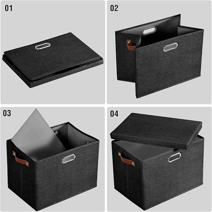 17" Large Collapsible Storage Bins with Lids, Stackable Closet Organizers with PU Handle and Labels, 3-Pack Decorative Fabric Storage Boxes for Home, Bedroom, Closet, Office, Nursery(Black)