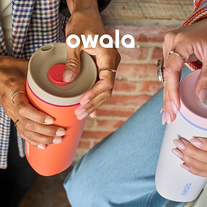 Owala SmoothSip Slider Insulated Stainless Steel Coffee Tumbler, Reusable Iced Coffee Cup, Hot Coffee Travel Mug, BPA Free 12 oz, Pink (Pucker Up)