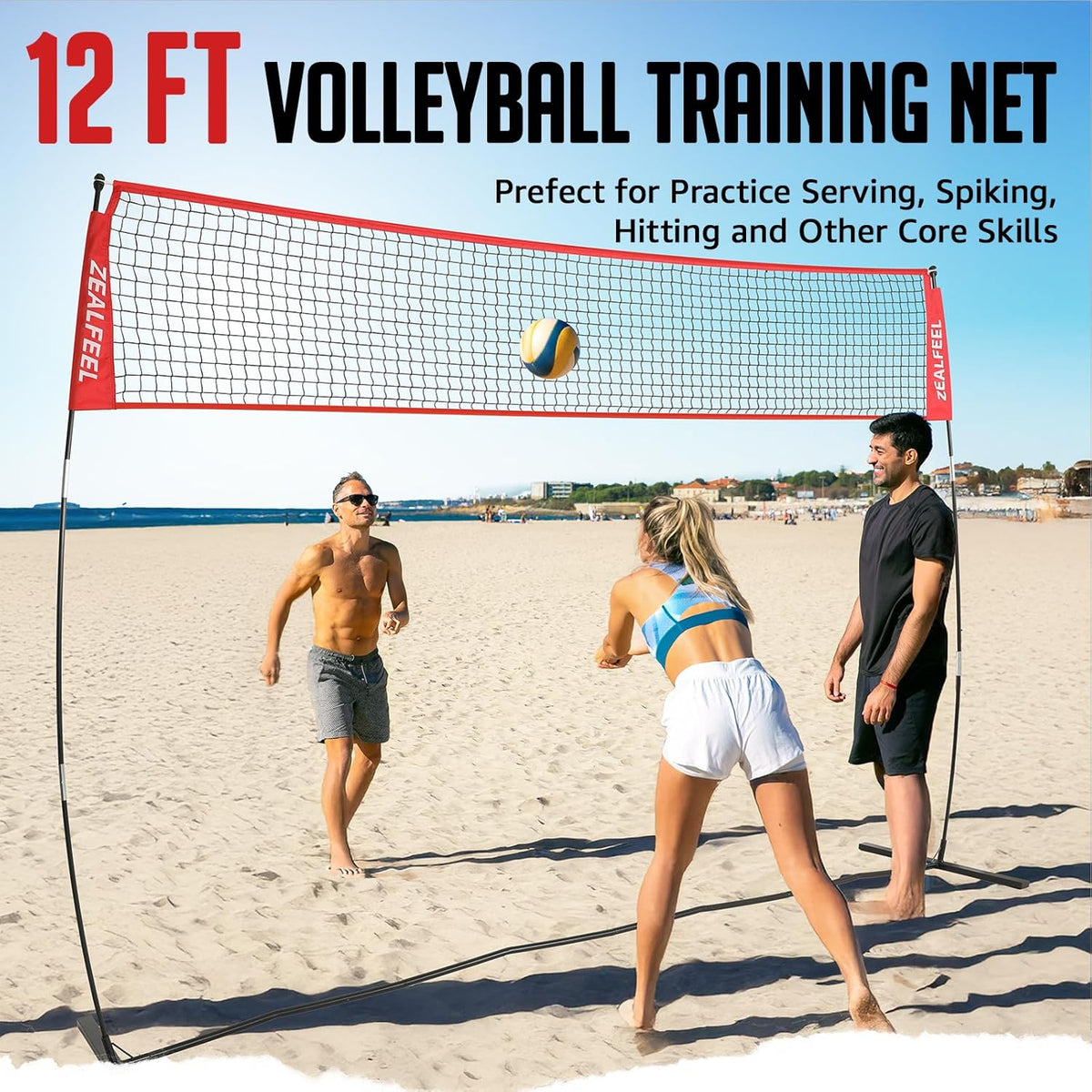 Volleyball Net, 12FT Training Set with 3-Level Adjustable Height (8'/7.4'/6.6'), Freestanding Portable Practice Net for Backyard, Serving & Spiking Drills, with Carry Bag for Outdoor & Indoor