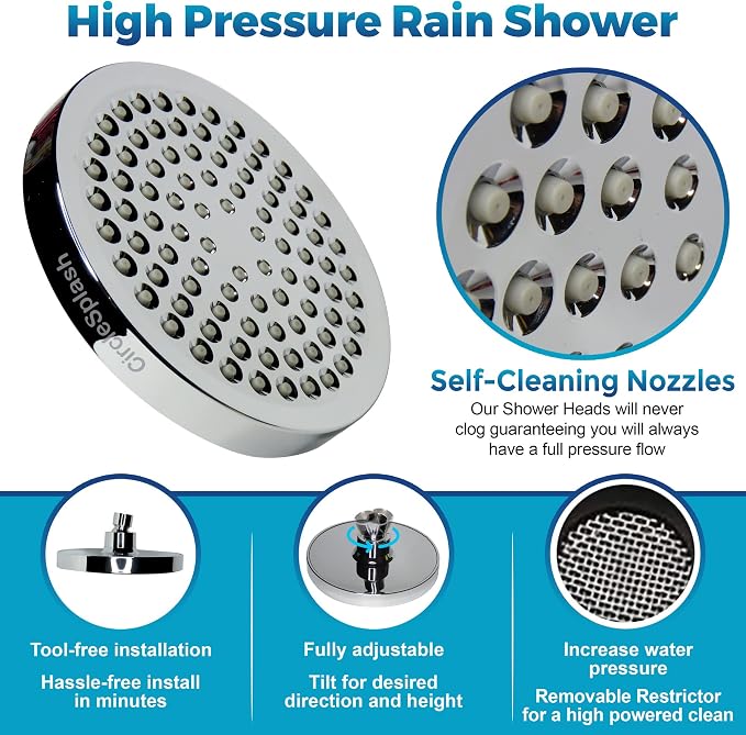 High Pressure Shower Head - Anti-Clogging Silicone Nozzles - 2.5 GPM Removable Restrictor - Easy to Clean Adjustable Replacement - easy to install with Plumbers Tape - 6 inch - Classic Chrome Finish