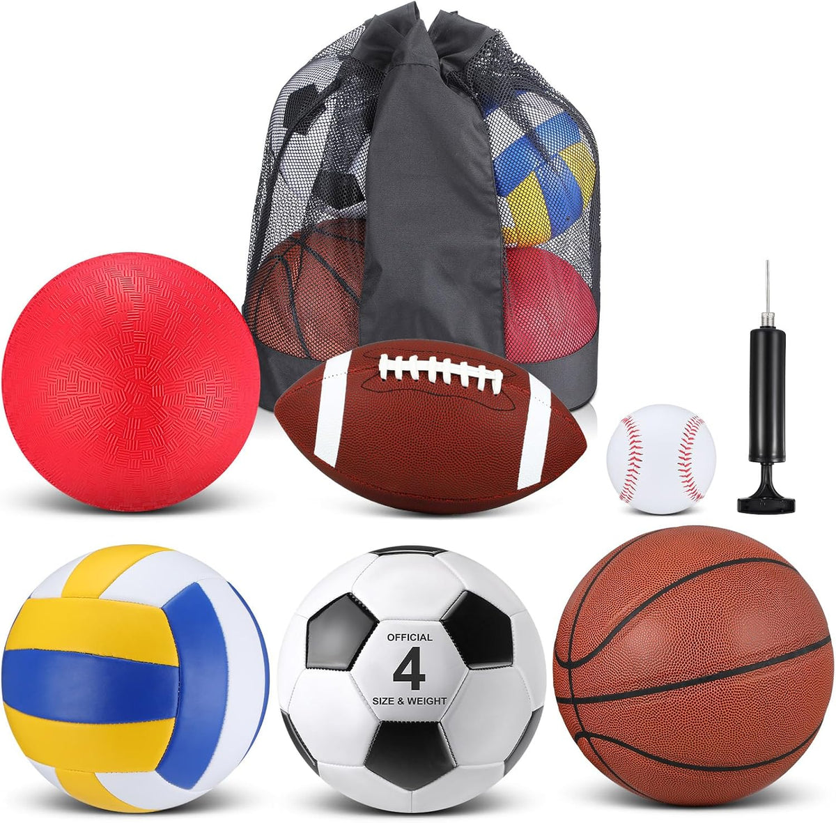 Realspring 6 Pcs Multi Sport Ball Set for Kid Teen Operation Christmas Official Size Football, Basketball, Soccer, Volleyball, Playground Ball, Baseball with Sports Equipment Bag Pump