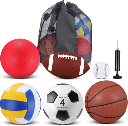 Realspring 6 Pcs Multi Sport Ball Set for Kid Teen Operation Christmas Official Size Football, Basketball, Soccer, Volleyball, Playground Ball, Baseball with Sports Equipment Bag Pump