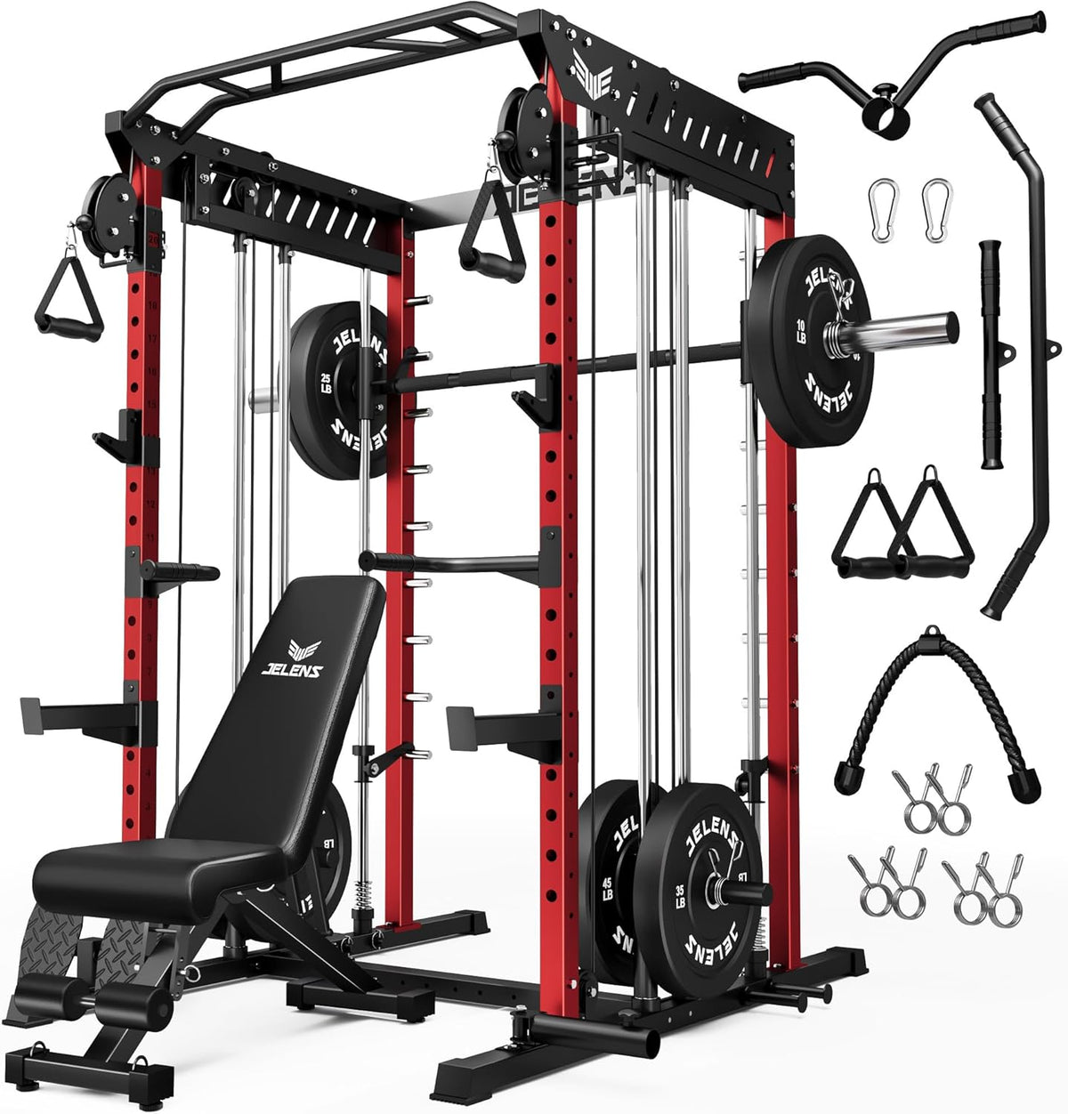 M21 Smith Machine, Multi-Function Power Cage with Dual Pulley Cable Crossover System, 2000LBS All-in-One Squat Rack with Smith Bar and Attachments