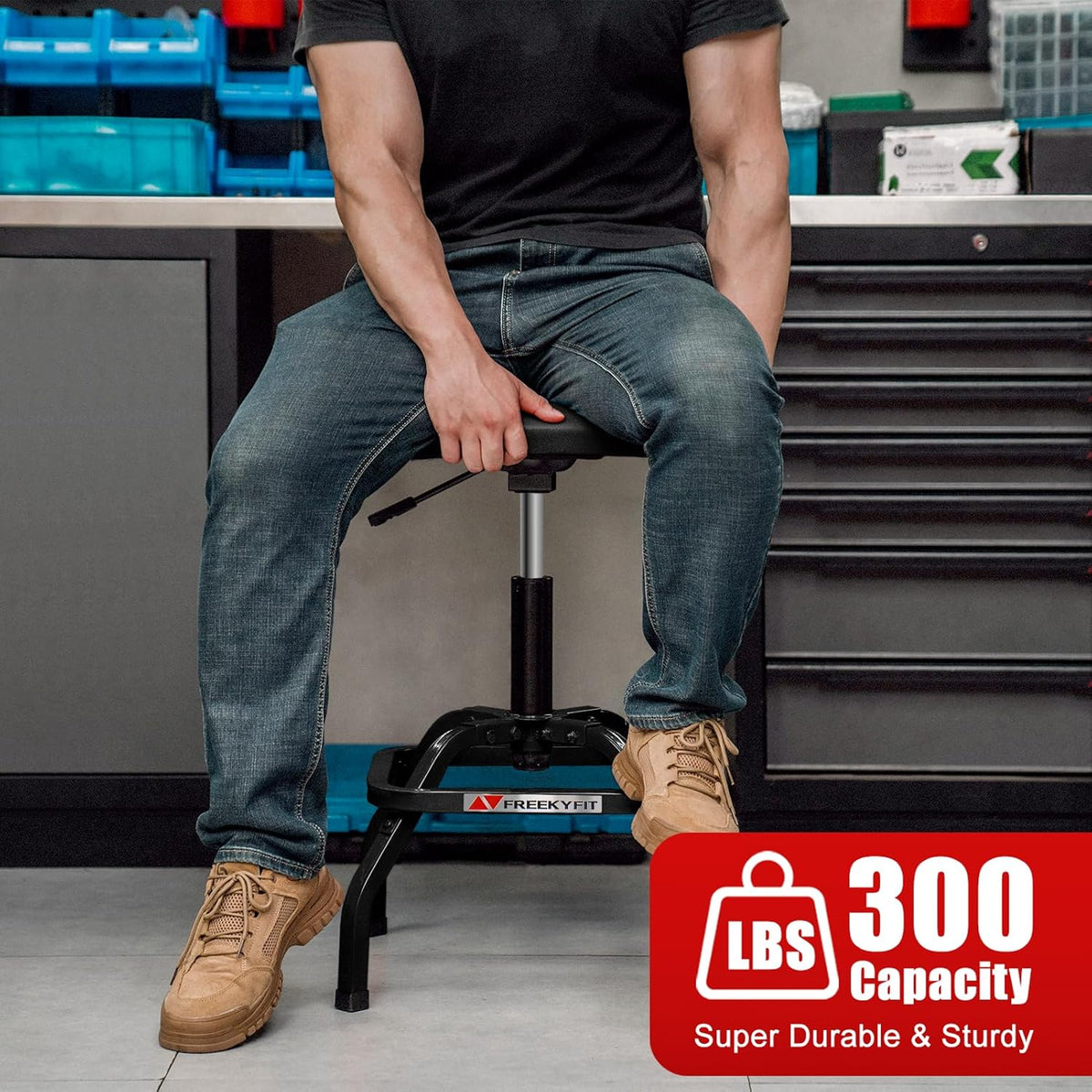 Shop Stool with Backrest, Mechanic Garage Stool for Workshop, Adjustable Shop Stools Chair, Padded Workbench Stools for Men Women, 300 LBS Capacity, 360° Swivel PVC Seat, Heavy Duty, Black