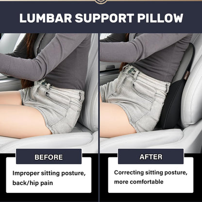 Coverado Lumbar Support Pillow for Car, Ergonomic Memory Foam Back Pillow for Office Chair, Back Cushion for Back Pain Relief, PU Leather Car Lumbar Support for Driving Seat - Black&Gray