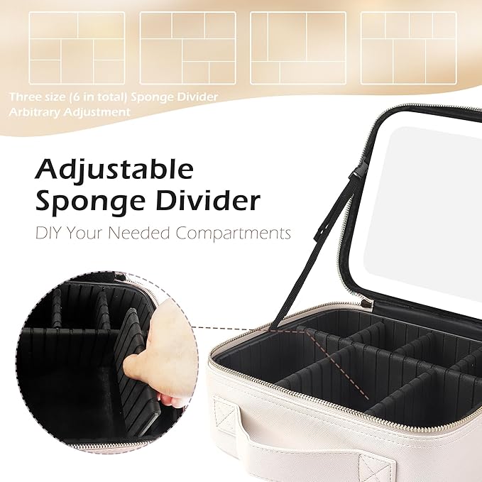 MOMIRA Makeup Bag with Mirror and Light Travel Makeup Train Case Cosmetic Bag Organizer Portable Artist Storage Bag with Adjustable Dividers Makeup Brushes Storage Organizer Brilliant Creamy White