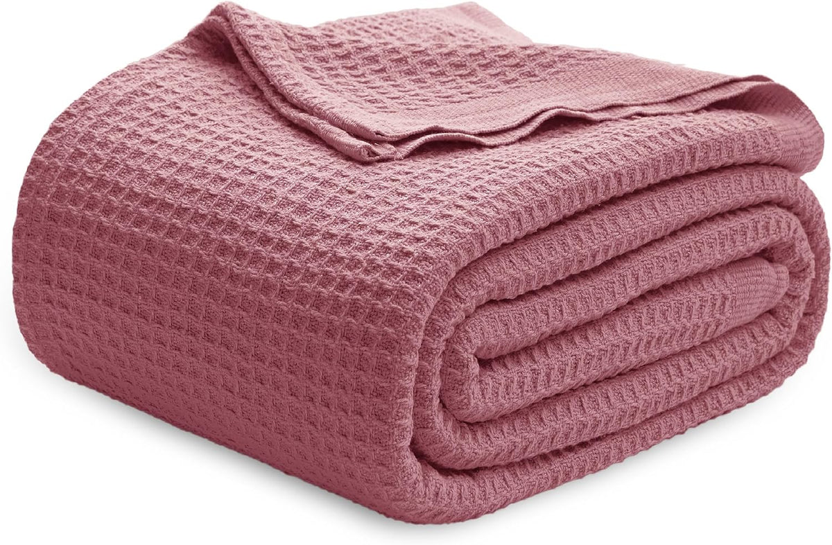 Bedsure 100% Cotton Blanket Queen Size for Bed - Breathable and Soft, Waffle Weave Blanket for Summer, Thick Cozy Fall Blankets for Women Gift, Dusty Rose, 90x90 Inches