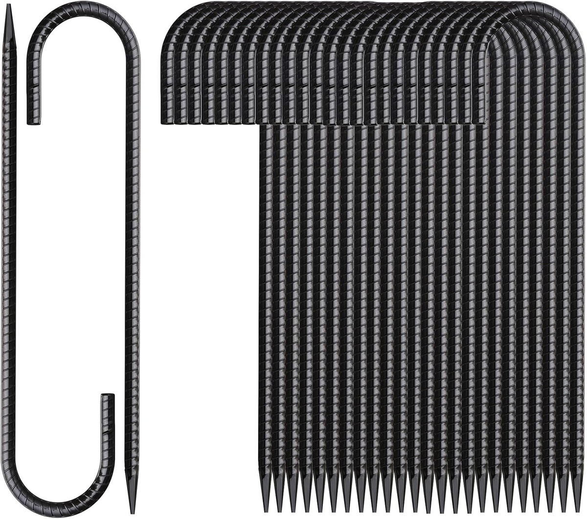 16 Inch Rebar Stakes J Hook 26 Pack Ground Stakes Heavy Duty Tent Stakes with Chisel Point End Chain Link Fence Stakes Galvanized Steel Ground Anchors Metal Spikes Black Coated