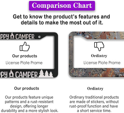 License Plate Frames Black and White Metal License Plate Frame Happy Camper with Campfire Universal Aluminum Car Accessory 2 Pack with Screw Covers Set