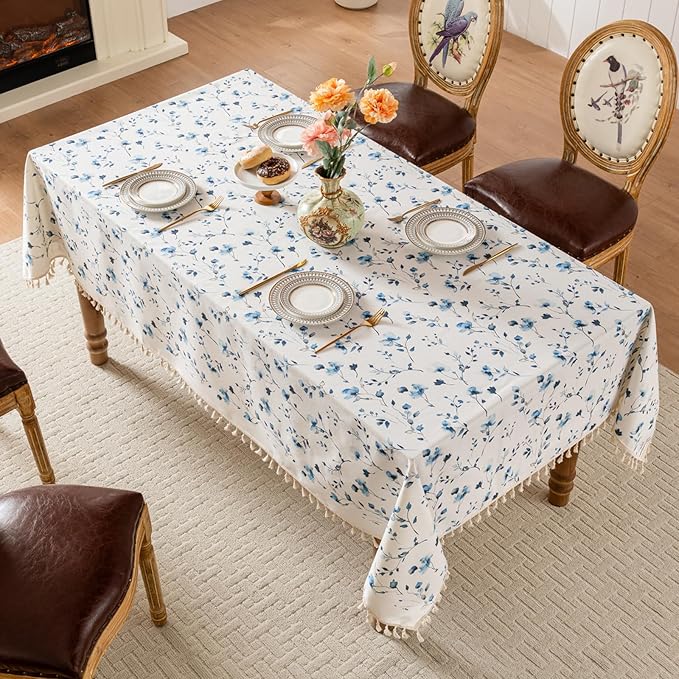 Rectangle Tablecloth Pastoral Style, Waterproof & Stain Resistant Table Cloth Wrinkle Free Table Cover for Dining/Kitchen/Patio, Washable Indoor & Outdoor Use, 55"X120" Blue