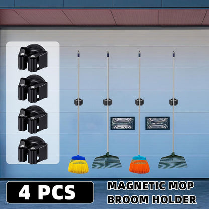 4 Pcs Magnetic Mop Broom Holder Movable Magnetic Broom Holder Rack, Anti Slip Wall Mounted Utility for Cleaning Tools, Garage, Kitchen, Laundry, Garden (Black)
