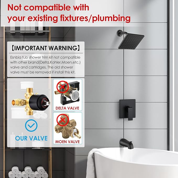 Esnbia Tub Shower Faucet Set (Valve Included) with 6-Inch Rain Shower Head and Tub Spout, Black Shower Head and Handle Set，Single-Handle Tub and Shower Trim Kit, Matte Black