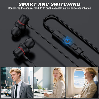 USB C Wired Headphones,【Active Noise Cancelling & One-Click ANC Toggle Button】 Ear Buds for iPhone 16 15 Pro Max USBC Earphones,Hi-Res Sound Type C Earbuds Compatible with iPhone/Android/Galaxy/iPad