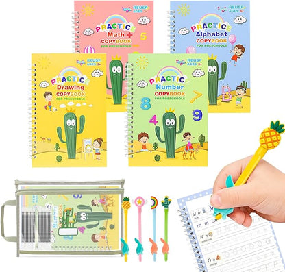 Premium Grooved Handwriting Practice for Kids, Reusable Children's Magic Copybook with Pencil Grips and Pouch, Large Size Calligraphy Workbooks Kit for Pre-School, Kindergarten(30 Refills)