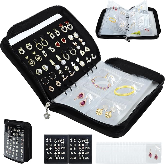 Meneng Earring Travel Case Organizer: Transparent Jewelry Storage Book with 20 PVC Pages + 2 Velvet Sheets - Crush Proof Jewelry Binder for Bloggers
